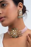 Buy_Zevar King_Green Stones, Beads Floral Carved Choker And Earrings Set _at_Aza_Fashions