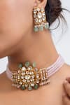 Shop_Zevar King_Green Stones, Beads Floral Carved Choker And Earrings Set _at_Aza_Fashions