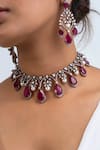 Shop_Zevar King_Red Stones, Pearls Geometric Drop Choker Set _at_Aza_Fashions