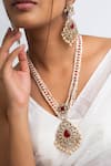 Shop_Zevar King_Red Pearls, Stones Gold Plated Flower Carved Necklace Set _at_Aza_Fashions