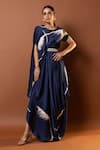 Buy_Vedika M_Blue Satin Print Abstract Geometric Round Neck Maxi Dress With Belt _at_Aza_Fashions