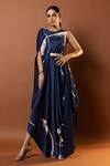 Buy_Vedika M_Blue Satin Print Abstract Geometric Round Neck Draped Dress With Belt _at_Aza_Fashions