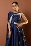 Vedika M_Blue Satin Print Abstract Geometric Round Neck Draped Dress With Belt _Online_at_Aza_Fashions