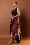 Buy_Vedika M_Red Satin Print Abstract Geometric Asymmetric Neck Dress With Belt _Online_at_Aza_Fashions