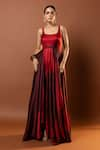 Buy_Vedika M_Red Satin Print Abstract Geometric Scoop Neck Pleated Gown _Online_at_Aza_Fashions