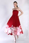 Ozeqo_Red Neoprene Fabric Flowers Off-shoulder Floral Applique Midi Dress _Online_at_Aza_Fashions