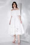 Buy_Ozeqo_Off White Neoprene Cut Work Off-shoulder Floral Cut-out Midi Dress With Cape _at_Aza_Fashions