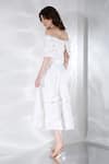 Shop_Ozeqo_Off White Neoprene Cut Work Off-shoulder Floral Cut-out Midi Dress With Cape _at_Aza_Fashions