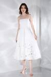 Ozeqo_Off White Neoprene Cut Work Off-shoulder Floral Cut-out Midi Dress With Cape _Online_at_Aza_Fashions