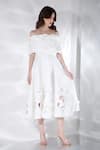 Buy_Ozeqo_Off White Neoprene Cut Work Off-shoulder Floral Cut-out Midi Dress With Cape 