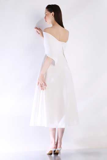 Shop_Ozeqo_White Neoprene Embroidery Off-shoulder Applique Midi Dress With Cape _at_Aza_Fashions