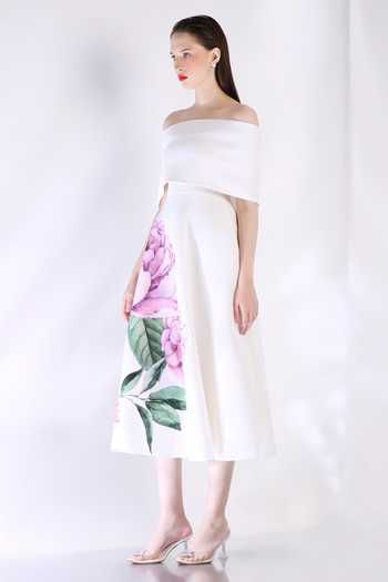 Ozeqo_White Neoprene Embroidery Off-shoulder Applique Midi Dress With Cape _Online_at_Aza_Fashions