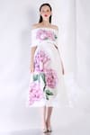 Buy_Ozeqo_White Neoprene Applique Midi Dress With Cape _at_Aza_Fashions