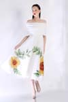 Buy_Ozeqo_White Neoprene Embroidery Off-shoulder Floral Hand Midi Dress With Cape _at_Aza_Fashions
