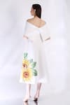 Shop_Ozeqo_White Neoprene Embroidery Off-shoulder Floral Hand Midi Dress With Cape _at_Aza_Fashions