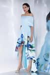 Shop Ozeqo White Neoprene Off-shoulder Asymmetric Orchid Print Dress With Cape Online at Aza Fashions Shop_Ozeqo_White Neoprene Off-shoulder Asymmetric Orchid Print Dress With Cape _Online_at_Aza_Fashions