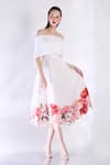 Buy_Ozeqo_White Neoprene Printed Rose Dress Sweetheart Midi With Cape _at_Aza_Fashions