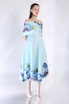 Ozeqo_Blue Neoprene Embroidery Square Neck Rose Print Midi Dress With Cape _Online_at_Aza_Fashions