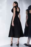 Shop_Ozeqo_Black Neoprene Hand Embroidered 3d Serena Midi Dress With Detachable Straps _at_Aza_Fashions