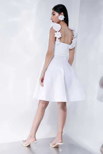 Shop_Ozeqo_White Neoprene Fabric Flowers Square Neck Hand Embroidered Dress With Straps _at_Aza_Fashions