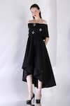 Buy_Ozeqo_Black Neoprene Crystals, Embroidery Asymmetric Dress And Stone Embellished Cape _at_Aza_Fashions