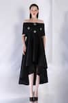 Ozeqo_Black Neoprene Crystals, Embroidery Asymmetric Dress And Stone Embellished Cape _at_Aza_Fashions