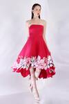Shop_Ozeqo_Pink Neoprene Embroidery Off-shoulder Floral Applique Asymmetric Dress _at_Aza_Fashions