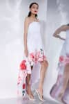 Ozeqo_White Neoprene Printed Floral Straight Giselle High Low Dress _Online_at_Aza_Fashions