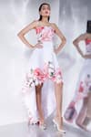 Buy_Ozeqo_White Neoprene Printed Floral Dress Straight Giselle High Low With Cape _at_Aza_Fashions