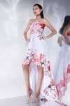 Ozeqo_White Neoprene Printed Floral Dress Straight Giselle High Low With Cape _at_Aza_Fashions