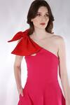 Ozeqo_Pink Neoprene Asymmetric Fit And Flare Dress With Bow _at_Aza_Fashions