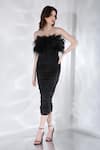 Buy_Ozeqo_Black Lycra Embroidery Feather Off Shoulder Alaya Ruched Dress With Wrap _at_Aza_Fashions