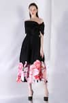 Buy_Ozeqo_Black Neoprene Print Floral Off Shoulder Vivienne Dress With Bow Wrap _at_Aza_Fashions