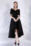 Buy_Ozeqo_Black Neoprene Off Shoulder Imperial High Low Dress With Bow Draped Wrap _at_Aza_Fashions