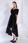 Ozeqo_Black Neoprene Off Shoulder Imperial High Low Dress With Bow Draped Wrap _Online_at_Aza_Fashions