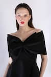 Shop_Ozeqo_Black Neoprene Off Shoulder Imperial High Low Dress With Bow Draped Wrap _Online_at_Aza_Fashions