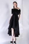 Ozeqo_Black Neoprene Off Shoulder Imperial High Low Dress With Bow Draped Wrap _at_Aza_Fashions