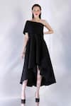 Buy_Ozeqo_Black Neoprene Off Shoulder Imperial High Low Hem Dress With Wrap _at_Aza_Fashions