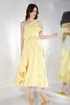 Buy_Ozeqo_Yellow Neoprene Embroidery Cutout Off Daffodil Flared Dress With One Wrap _at_Aza_Fashions