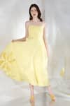 Ozeqo_Yellow Neoprene Embroidery Cutout Off Daffodil Flared Dress With One Wrap _Online_at_Aza_Fashions