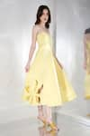 Buy_Ozeqo_Yellow Neoprene Embroidery Cutout Off Daffodil Flared Dress With One Wrap _Online_at_Aza_Fashions