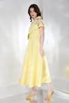 Ozeqo_Yellow Neoprene Embroidery Cutout Off Daffodil Flared Dress With One Wrap _at_Aza_Fashions