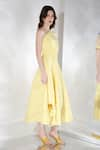 Buy_Ozeqo_Yellow Neoprene Embroidery Cutout Off Daffodil Flared Dress With One Wrap 