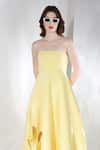 Ozeqo_Yellow Neoprene Embroidery Cutout Off Shoulder Daffodil Flared Dress _at_Aza_Fashions