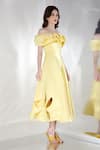 Buy_Ozeqo_Yellow Neoprene Embroidery Cutout Off Daffodil Flared Dress With Ruffle Wrap _at_Aza_Fashions