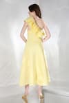 Shop_Ozeqo_Yellow Neoprene Embroidery Cutout Off Daffodil Flared Dress With Ruffle Wrap _at_Aza_Fashions