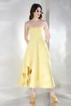 Ozeqo_Yellow Neoprene Embroidery Cutout Off Daffodil Flared Dress With Ruffle Wrap _at_Aza_Fashions