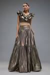 Buy_Rocky Star_Gray Polyester, Polyurethane Beads V-neck Gold Grey Shimmer Tiered Lehenga Set _at_Aza_Fashions