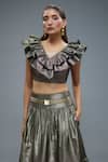Rocky Star_Gray Polyester, Polyurethane Beads V-neck Gold Grey Shimmer Tiered Lehenga Set _Online_at_Aza_Fashions