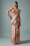 Buy_Rocky Star_Pink Raw Silk Print Gardenia V Frilly Pre-draped Saree With Embellished Blouse _at_Aza_Fashions